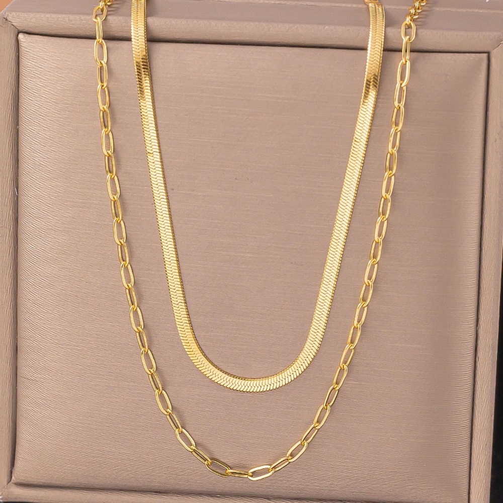 18K Gold Plated Double Layered Necklace*Paperclip Chain Snake Herringbone*YB - Picture 4 of 5